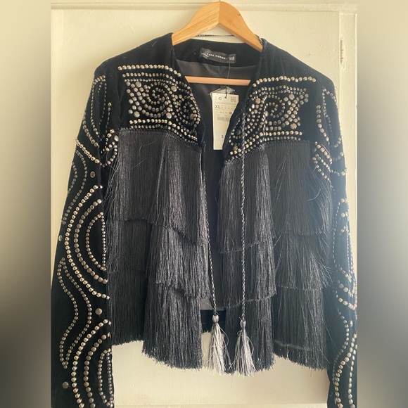 Zara Jackets & Blazers - Zara Black Studded Fringe cropped jacket Blazer XL NEW!